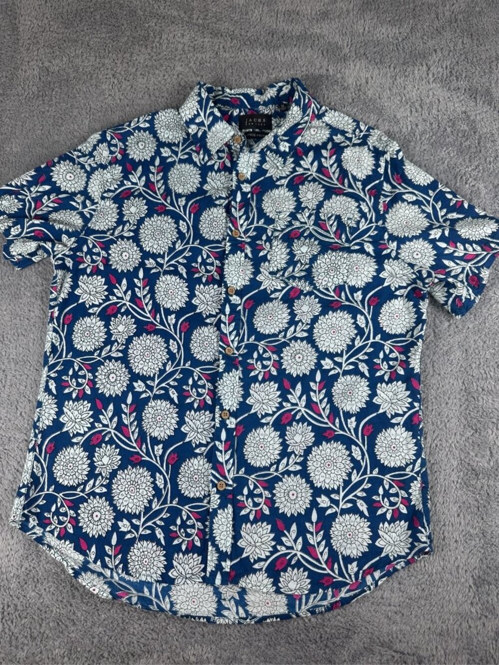 JACHS New York Mens Short Sleeve Button Down Shirt Blue Floral Print M